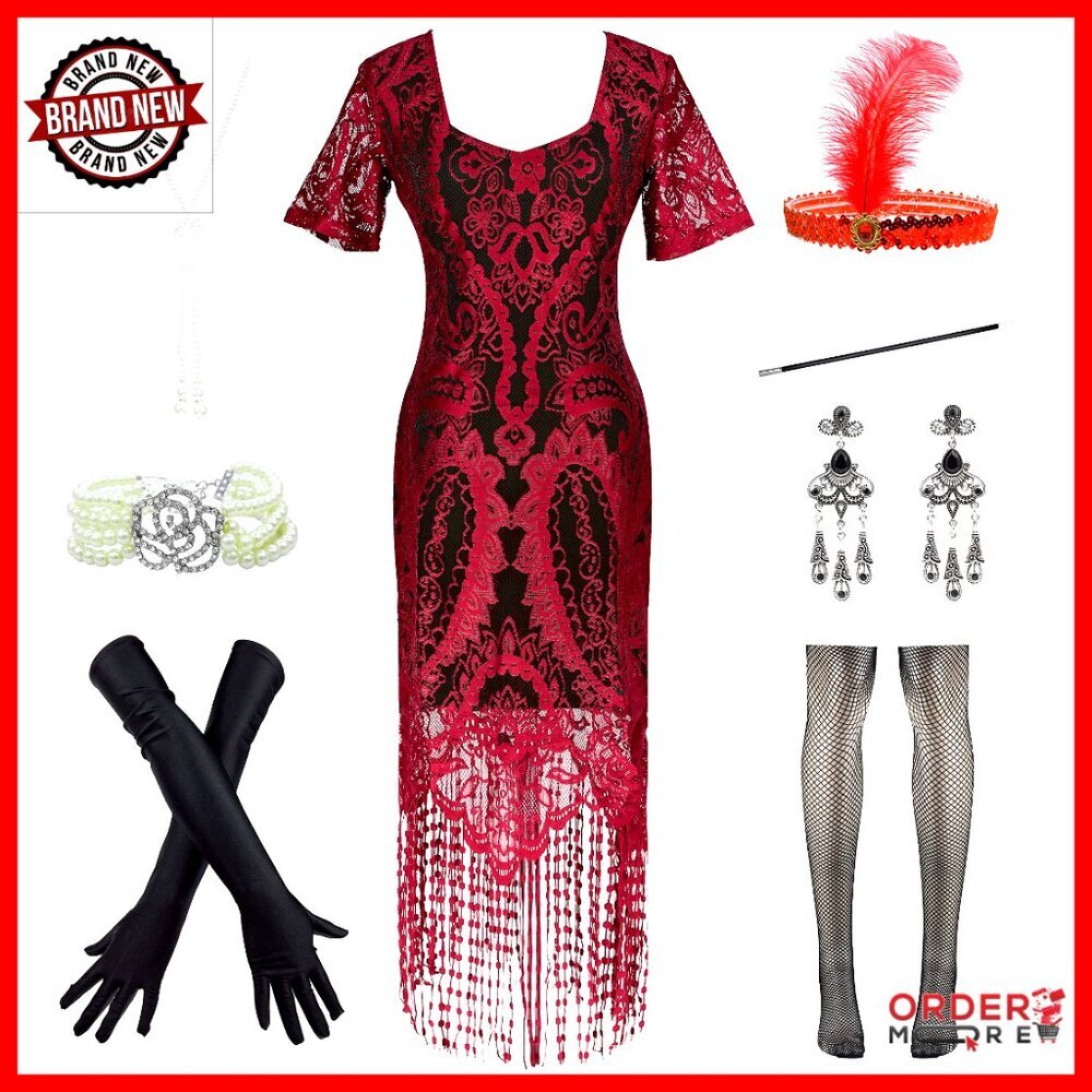 Vintage 1920s Flapper Dress Set with Accessories, One Size Fits Most